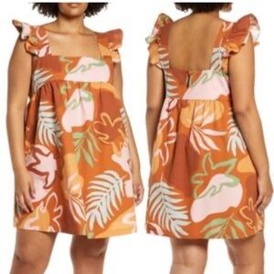 Babydoll dress Ruffle strap cotton blend mini relaxed fit neutral tropic print M
